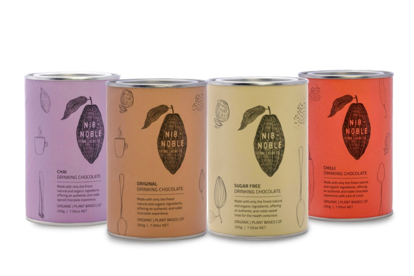 Organic Hot Chocolate Pack Variety. Original, Chilli, Sugar Free, Chai - Nib and Noble