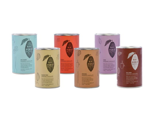 Organic Hot Chocolate Pack (x6) Dark 65%, 40%, Sugar Free, Chilli, Original, Chai- Nib and Noble