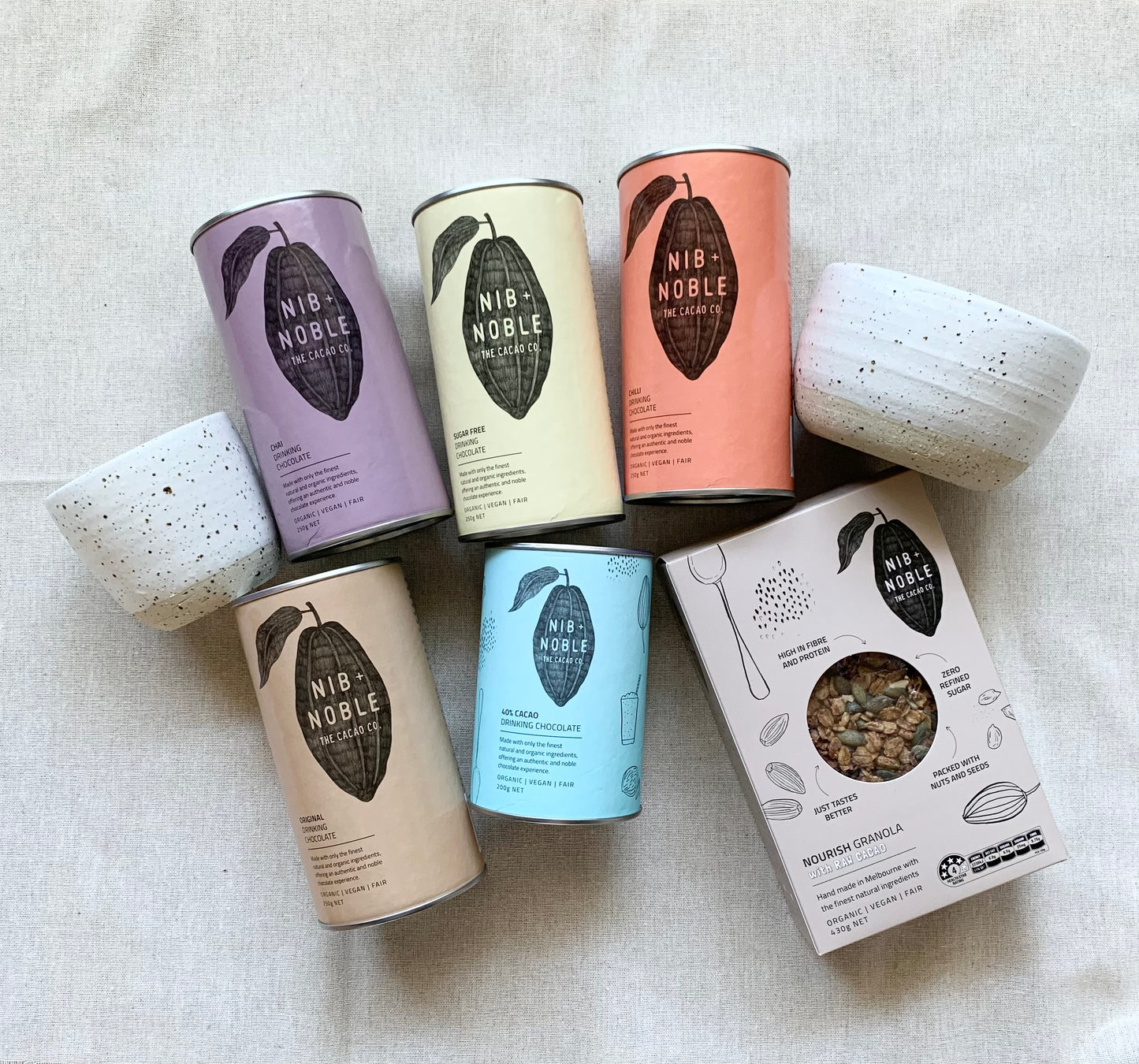Deluxe Gift Pack Hot Chocolate, Granola, Ceramic Tumbler, Ceramic Bowl - Nib and Noble
